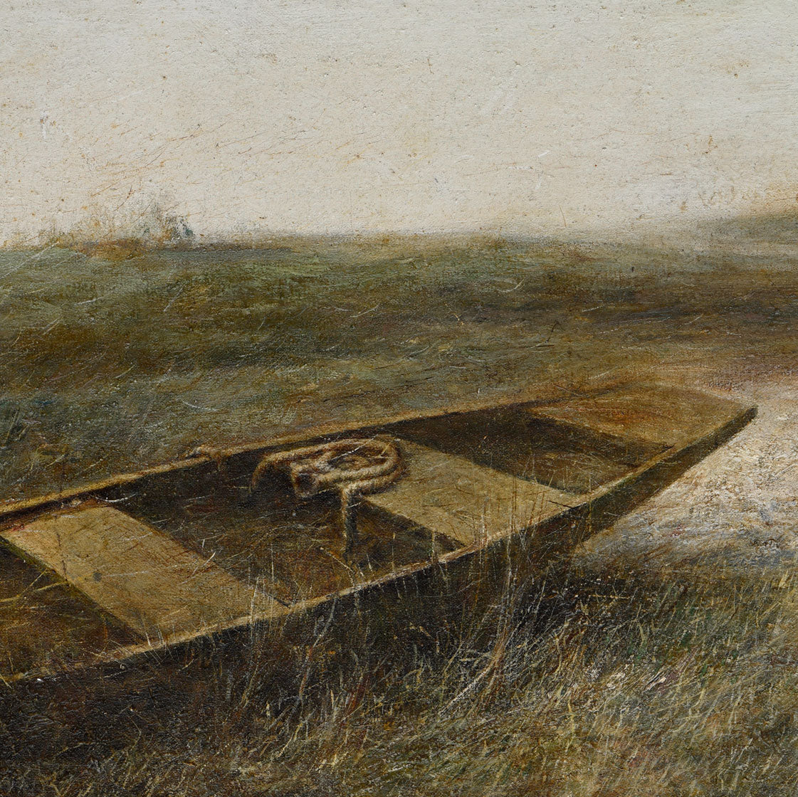 Close-up of textured oil painting showing boat surface and brushwork