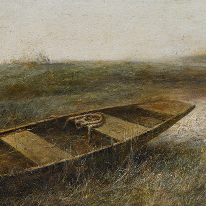 Close-up of textured oil painting showing boat surface and brushwork