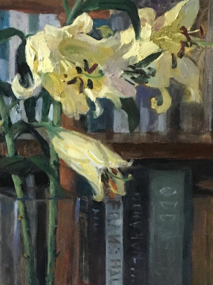 Original Still Life Oil Painting with Lilies, Books and Vintage Kettle