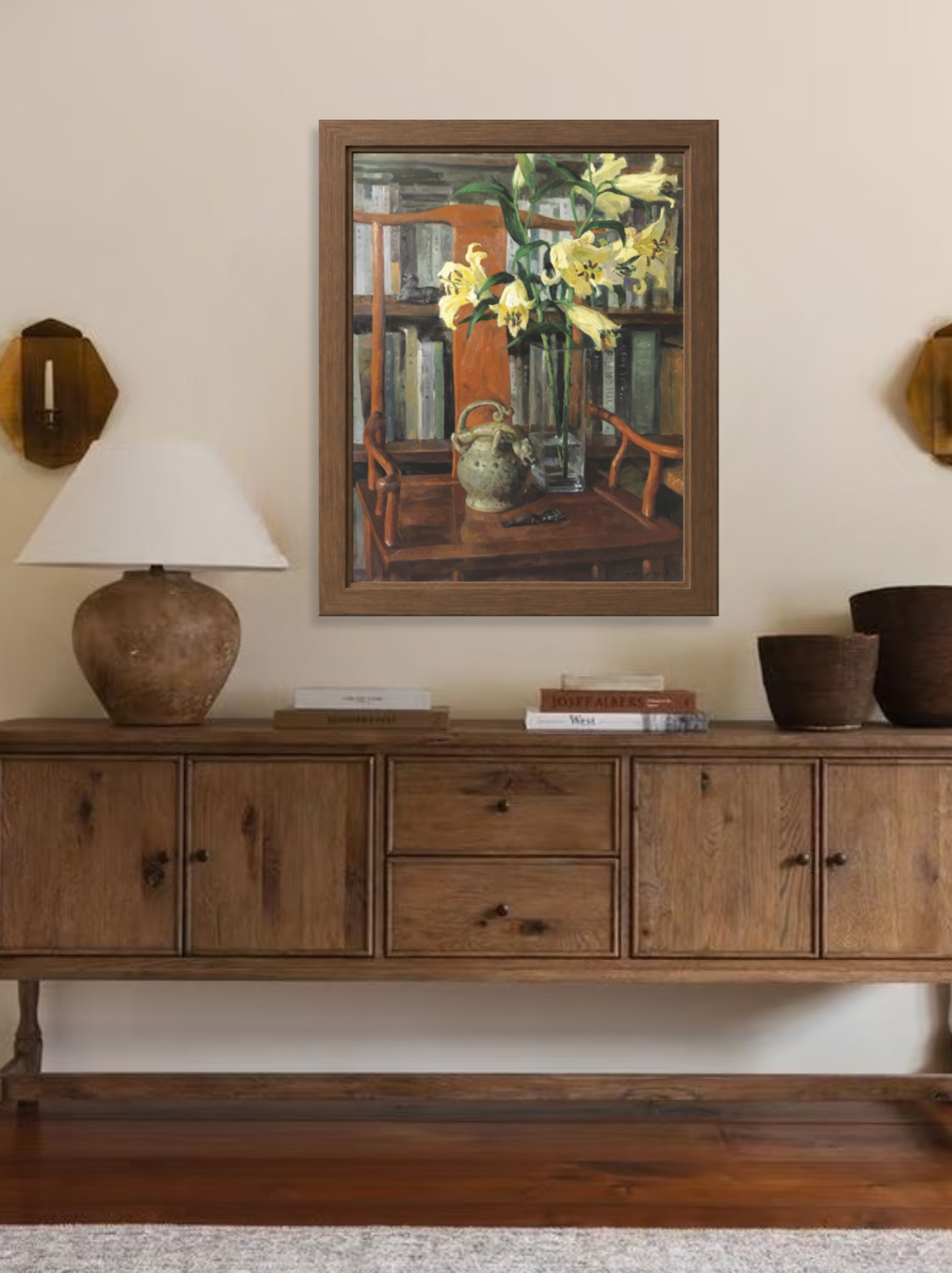 Original Still Life Oil Painting with Lilies, Books and Vintage Kettle