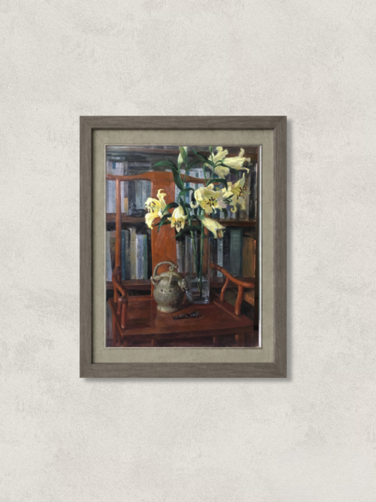 Original Still Life Oil Painting with Lilies, Books and Vintage Kettle