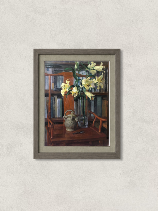 Original Still Life Oil Painting with Lilies, Books and Vintage Kettle