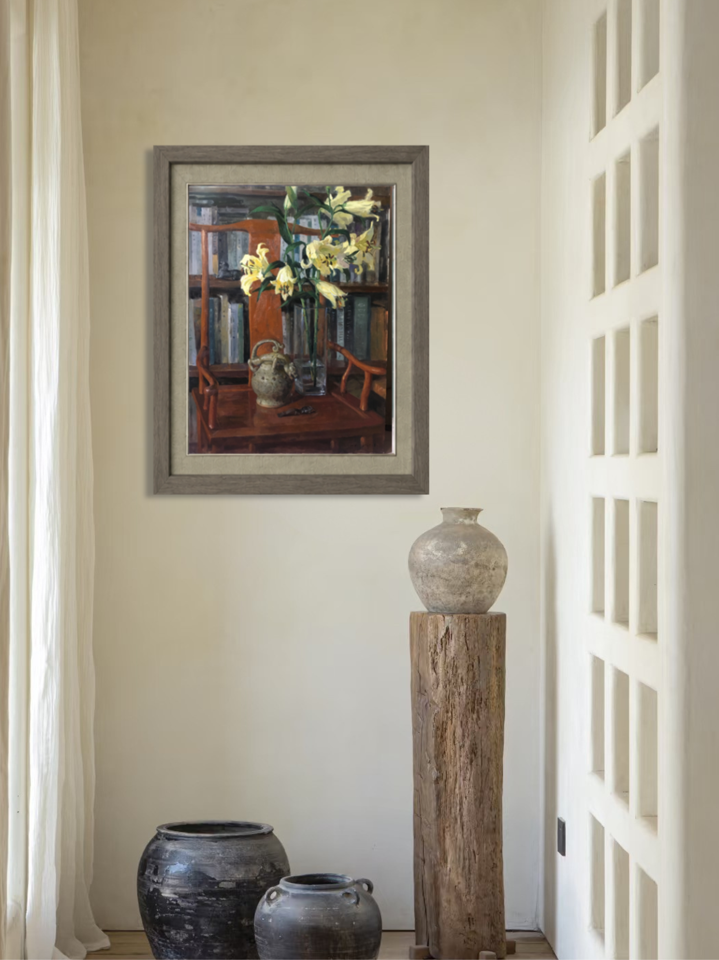 Original Still Life Oil Painting with Lilies, Books and Vintage Kettle