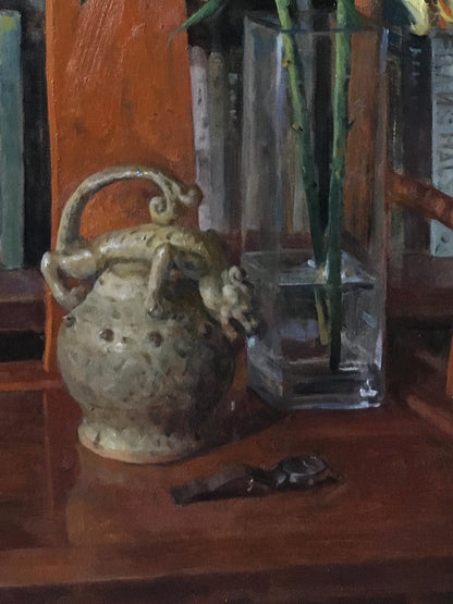 Original Still Life Oil Painting with Lilies, Books and Vintage Kettle
