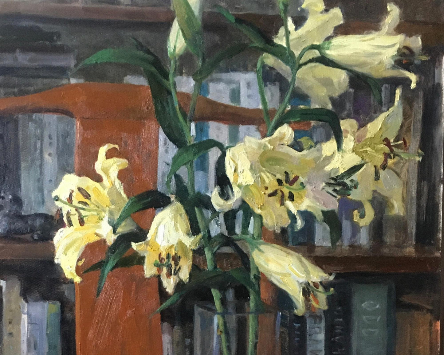 Original Still Life Oil Painting with Lilies, Books and Vintage Kettle
