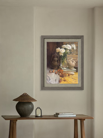 Book Fragrance No. 15 | White Flowers, Books, and Vintage Vase Original Oil Painting