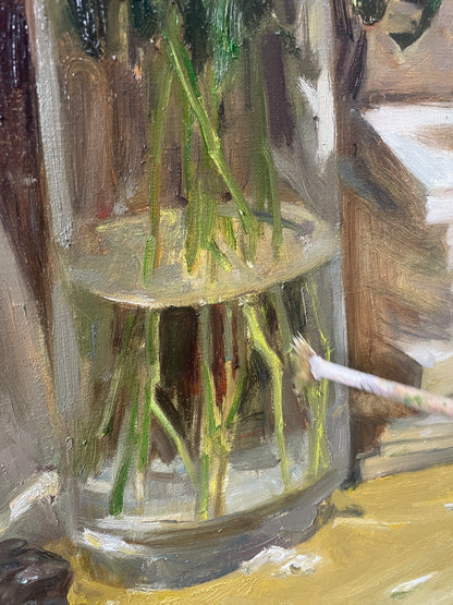 Book Fragrance No. 15 | White Flowers, Books, and Vintage Vase Original Oil Painting