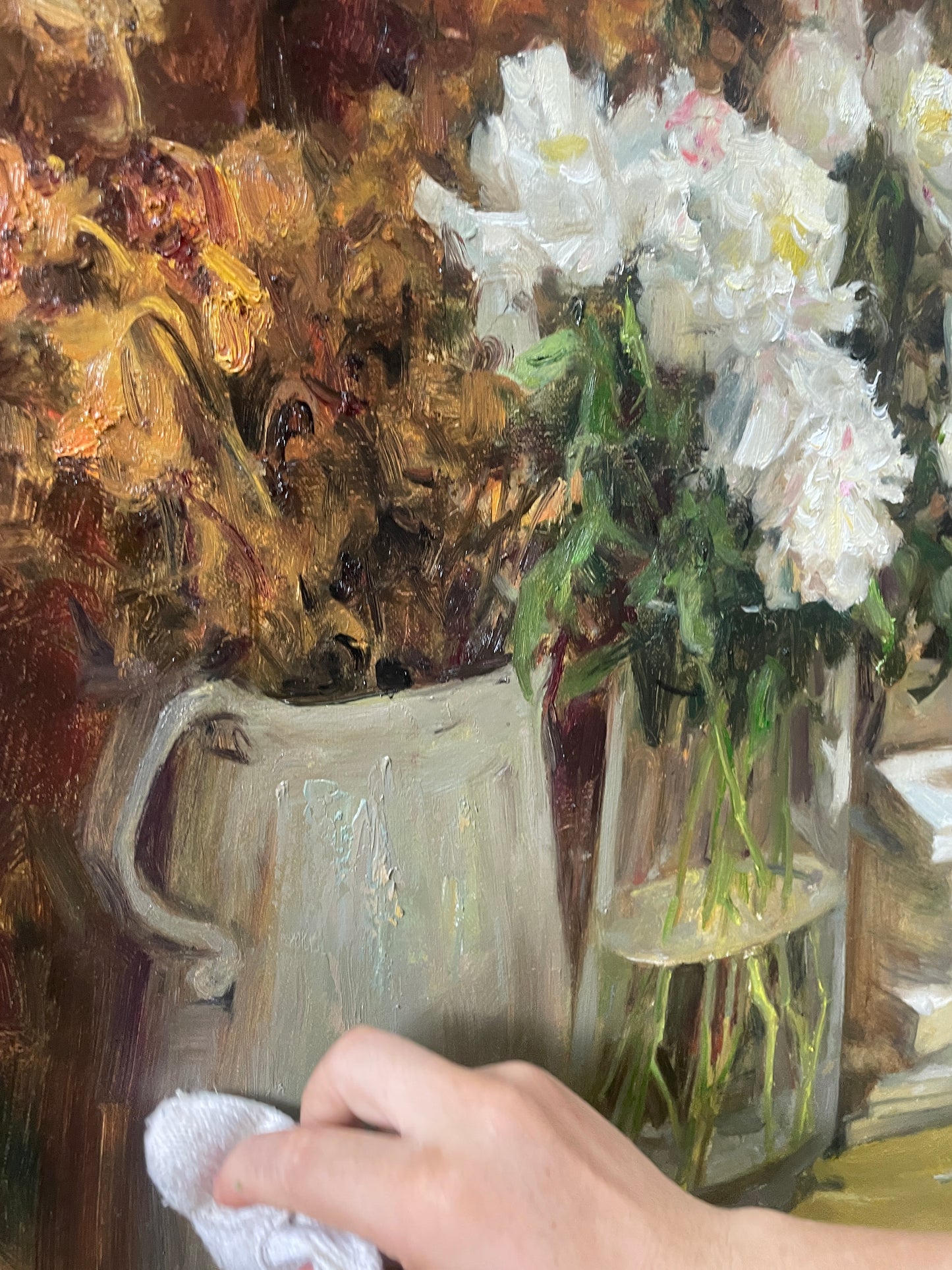 Book Fragrance No. 15 | White Flowers, Books, and Vintage Vase Original Oil Painting