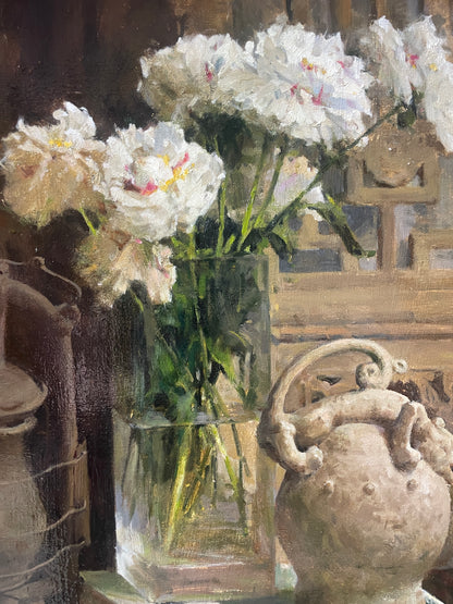 Book Fragrance No. 15 | White Flowers, Books, and Vintage Vase Original Oil Painting