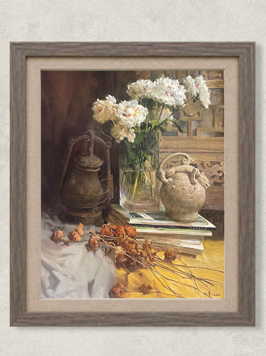 Book Fragrance No. 15 | White Flowers, Books, and Vintage Vase Original Oil Painting