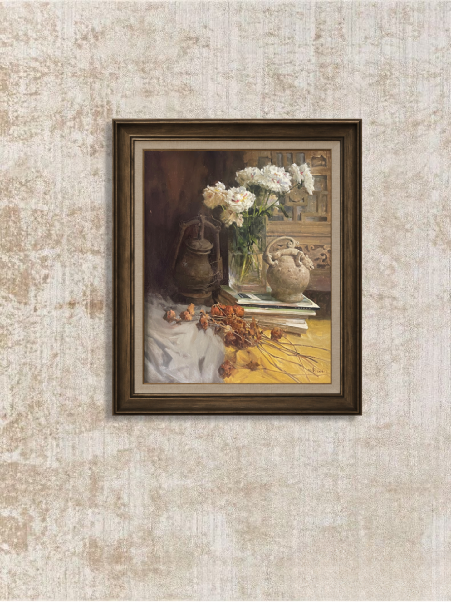 Book Fragrance No. 15 | White Flowers, Books, and Vintage Vase Original Oil Painting