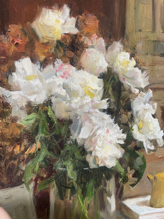 Book Fragrance No. 15 | White Flowers, Books, and Vintage Vase Original Oil Painting