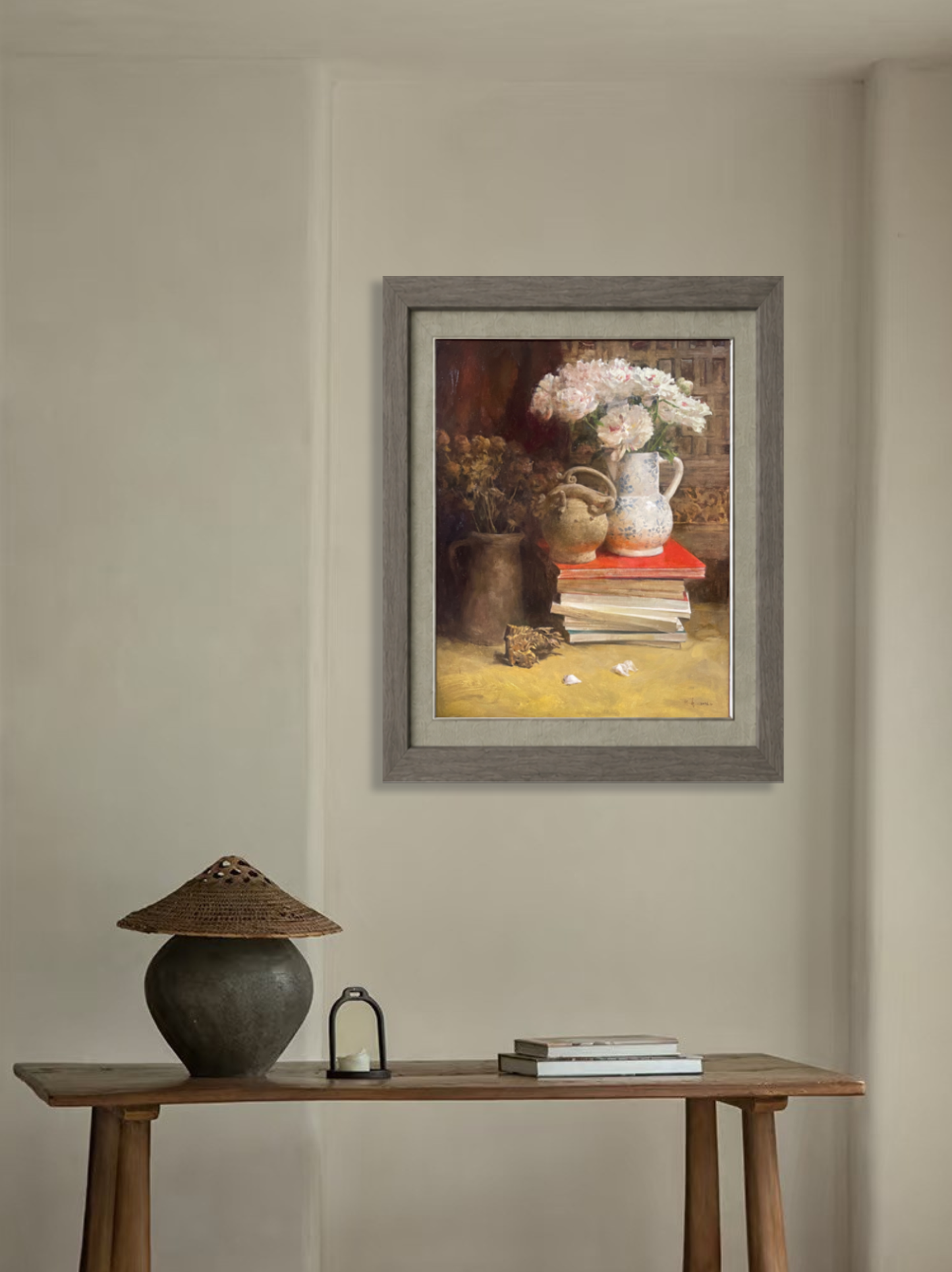 Framed original oil painting displayed in a calm reading room and study environment.