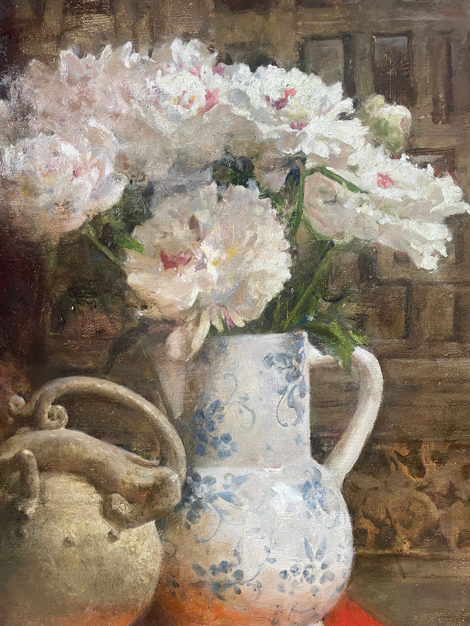 Close-up detail of white flowers painted with layered brushwork and soft natural light.