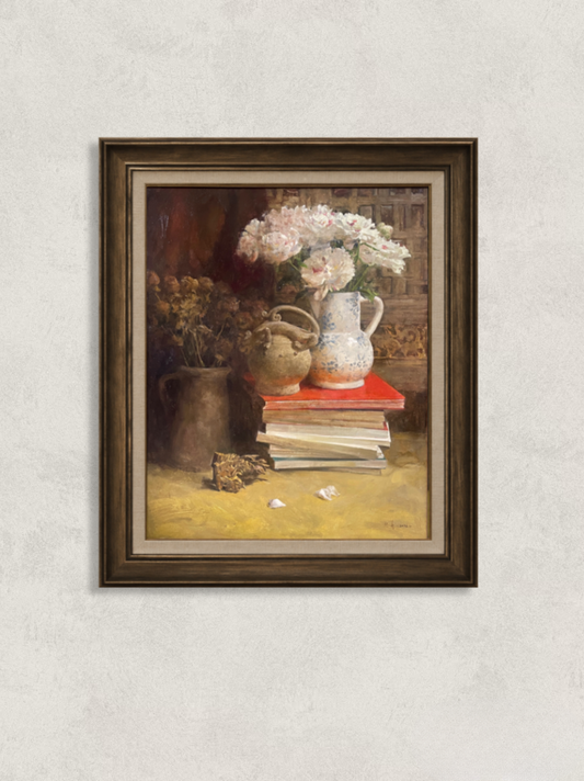 Original still life oil painting featuring white flowers, stacked books and vintage ceramic vessels. Part of Yang Huaxi's Book Fragrance Series.