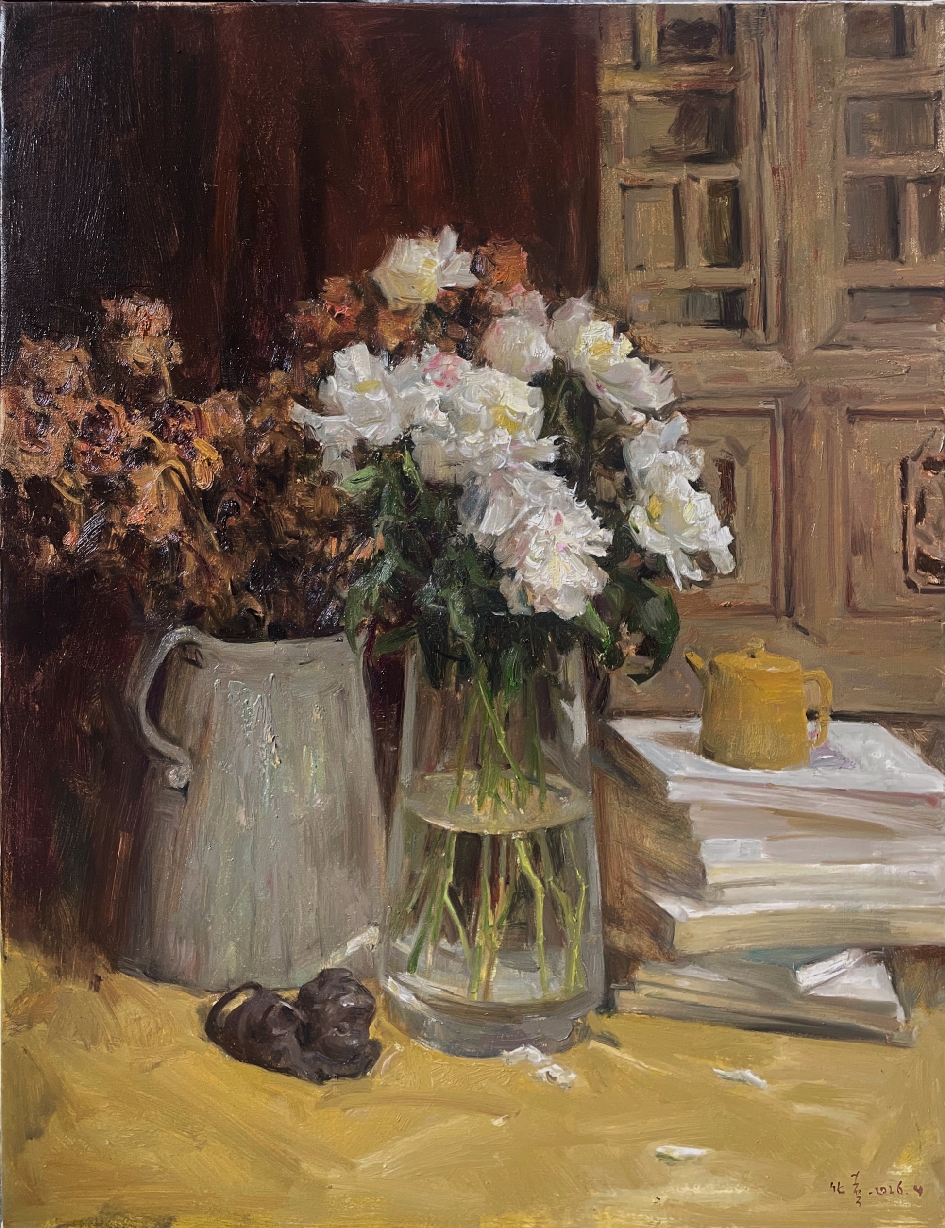 Detail view of flowers, books and everyday objects arranged in a literary still life painting.