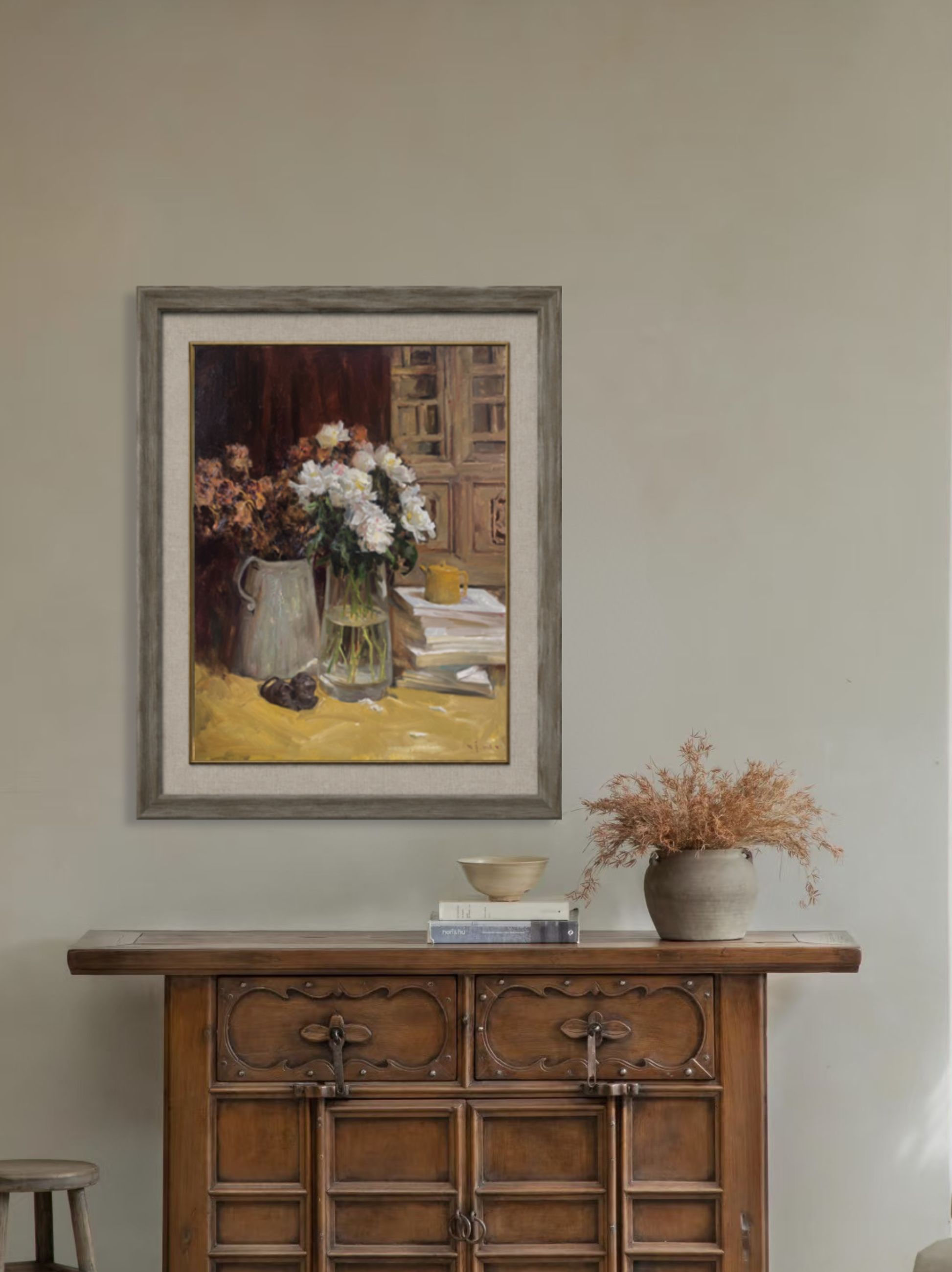 Original oil painting with books and flowers displayed in a reading room or study environment.