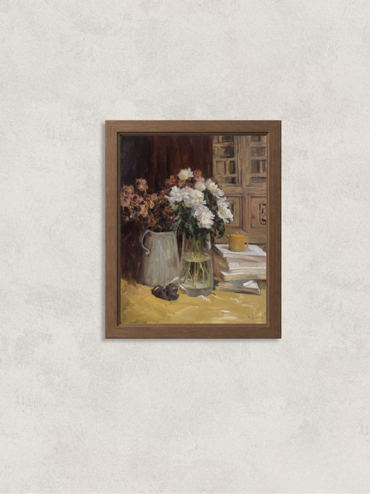 Original still life oil painting featuring white flowers in a glass vase beside stacked books and a yellow teapot. Part of Yang Huaxi's Book Fragrance Series.