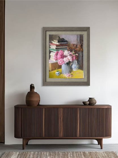 Original Still Life Oil Painting with Pink Peonies and Books