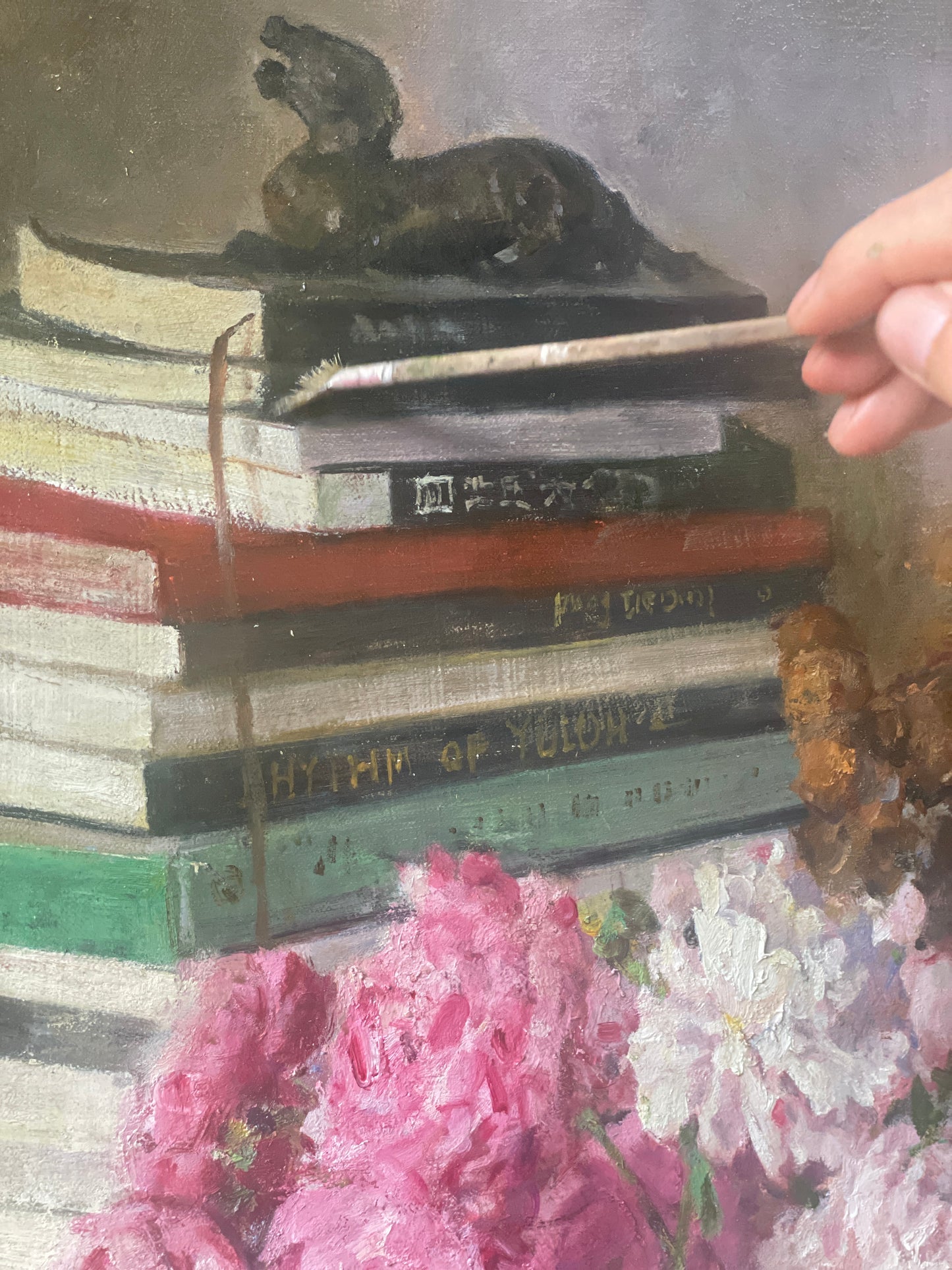 Original Still Life Oil Painting with Pink Peonies and Books