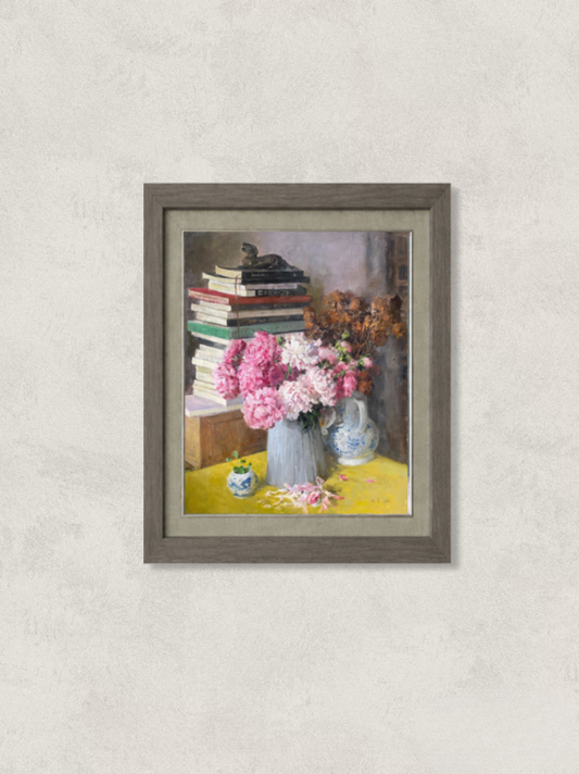 Original Still Life Oil Painting with Pink Peonies and Books