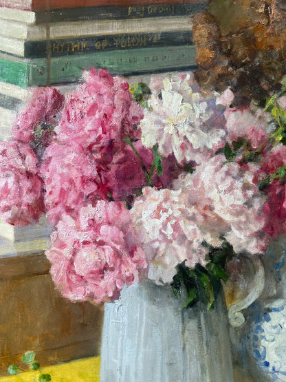 Original Still Life Oil Painting with Pink Peonies and Books
