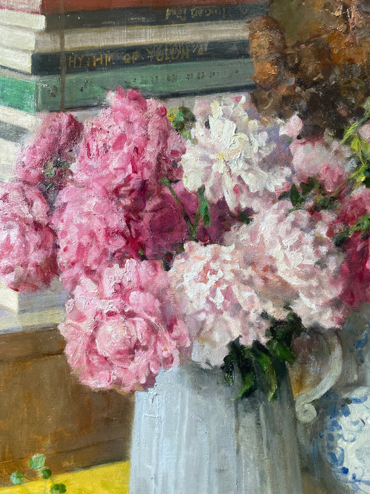 Original Still Life Oil Painting with Pink Peonies and Books