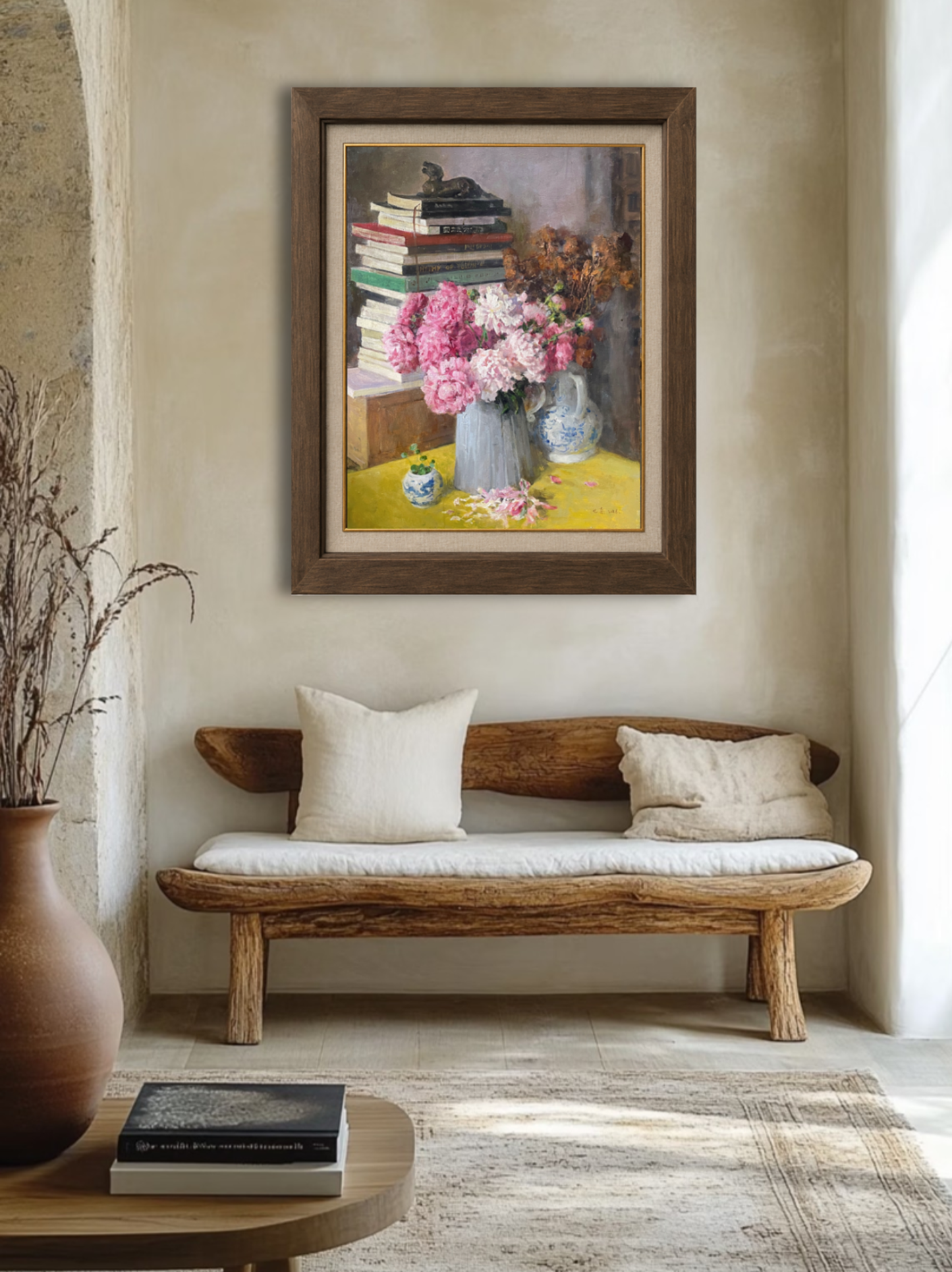 Original Still Life Oil Painting with Pink Peonies and Books