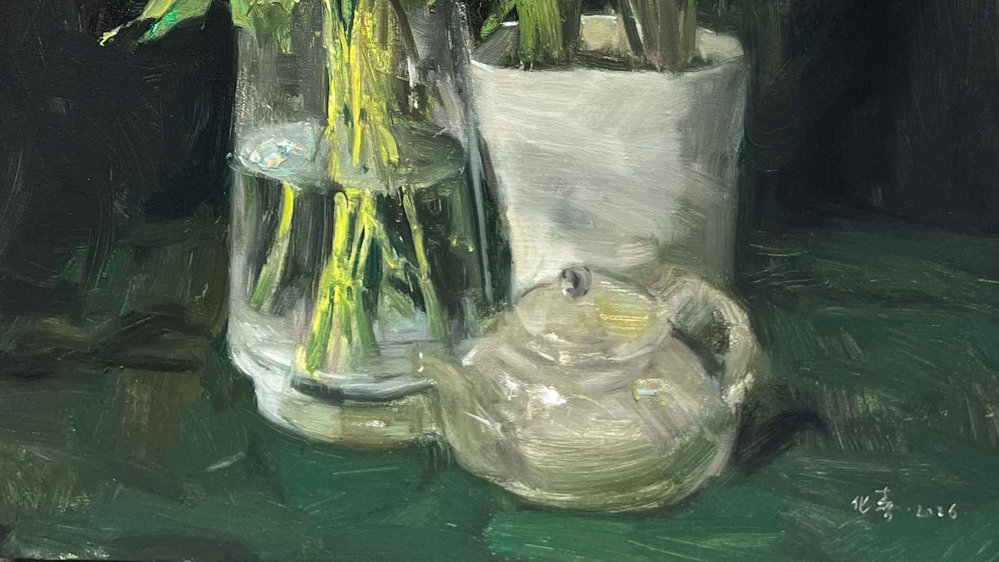 Original Floral Still Life Oil Painting with White Roses and Glass Vase