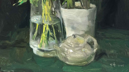 Original Floral Still Life Oil Painting with White Roses and Glass Vase