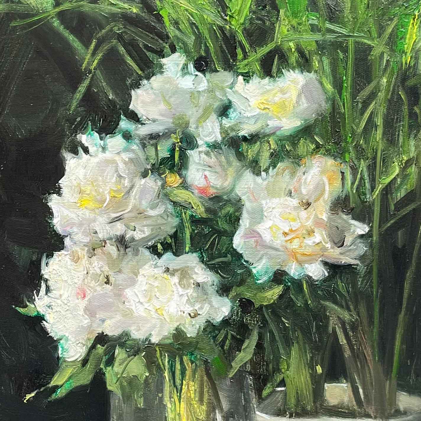 Original Floral Still Life Oil Painting with White Roses and Glass Vase