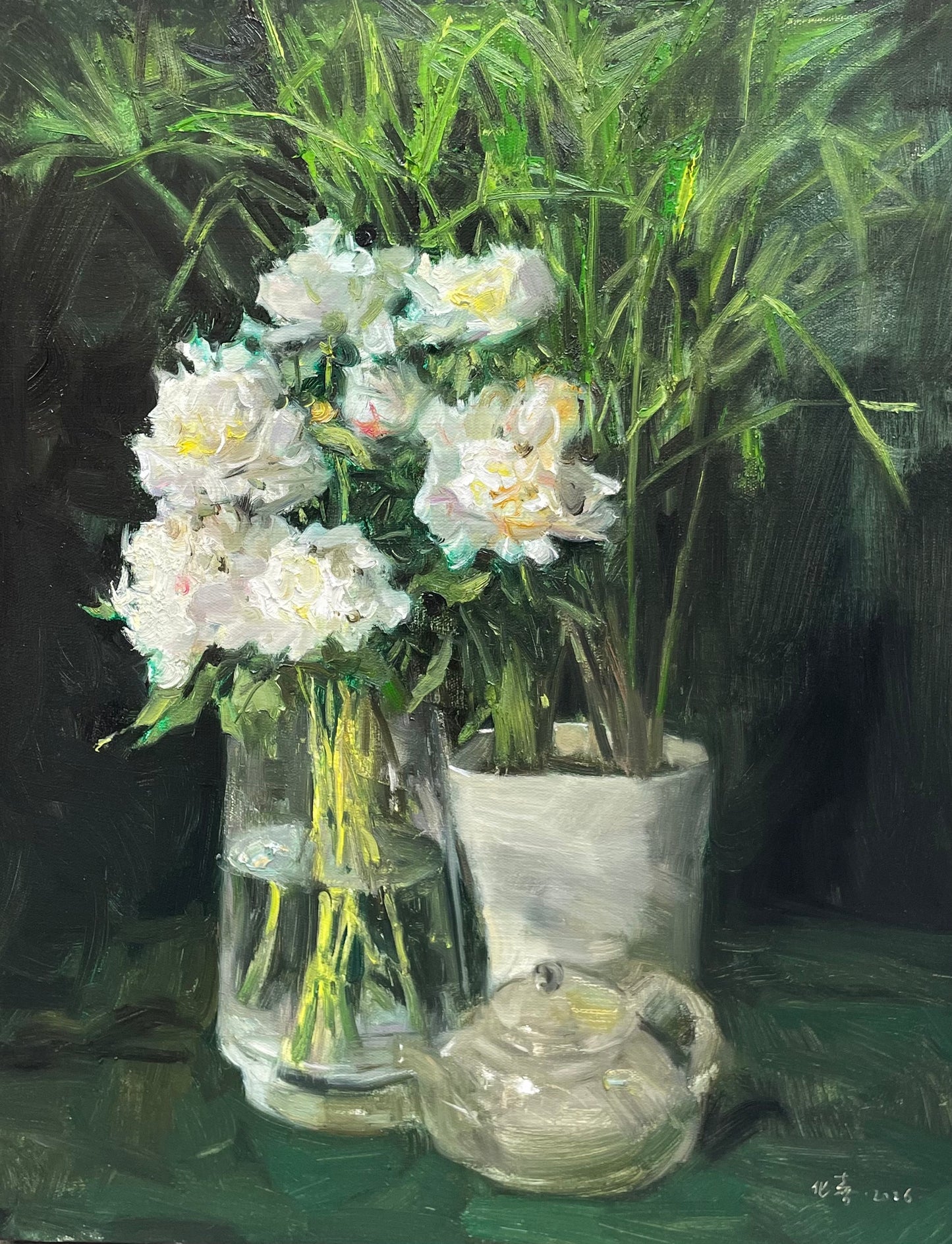Original Floral Still Life Oil Painting with White Roses and Glass Vase