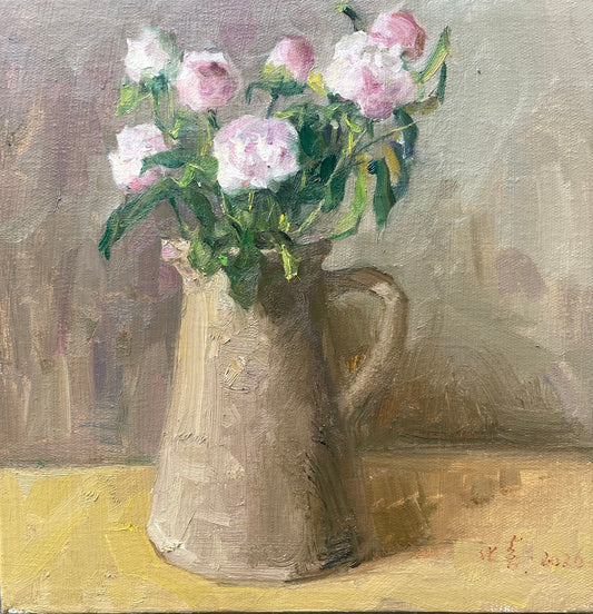 Original Still Life Oil Painting with Pink Peonies and Ceramic Pitcher
