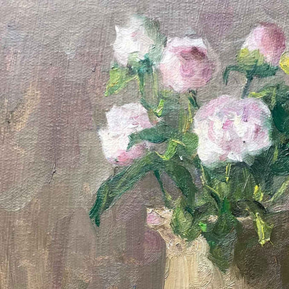 Original Still Life Oil Painting with Pink Peonies and Ceramic Pitcher