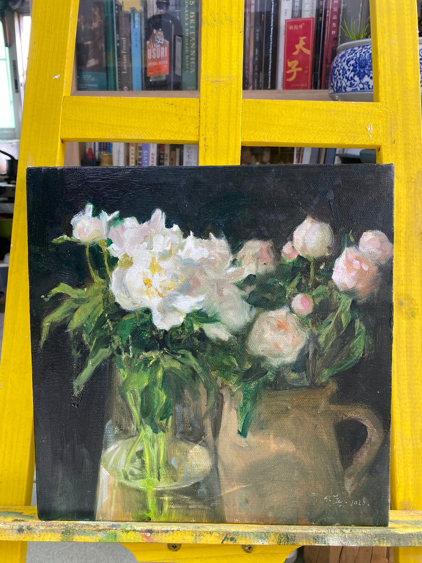Original Still Life Oil Painting with White Peonies and Glass Vase