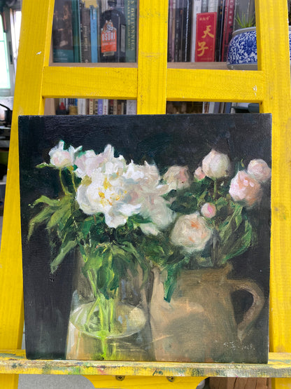 Original Still Life Oil Painting with White Peonies and Glass Vase