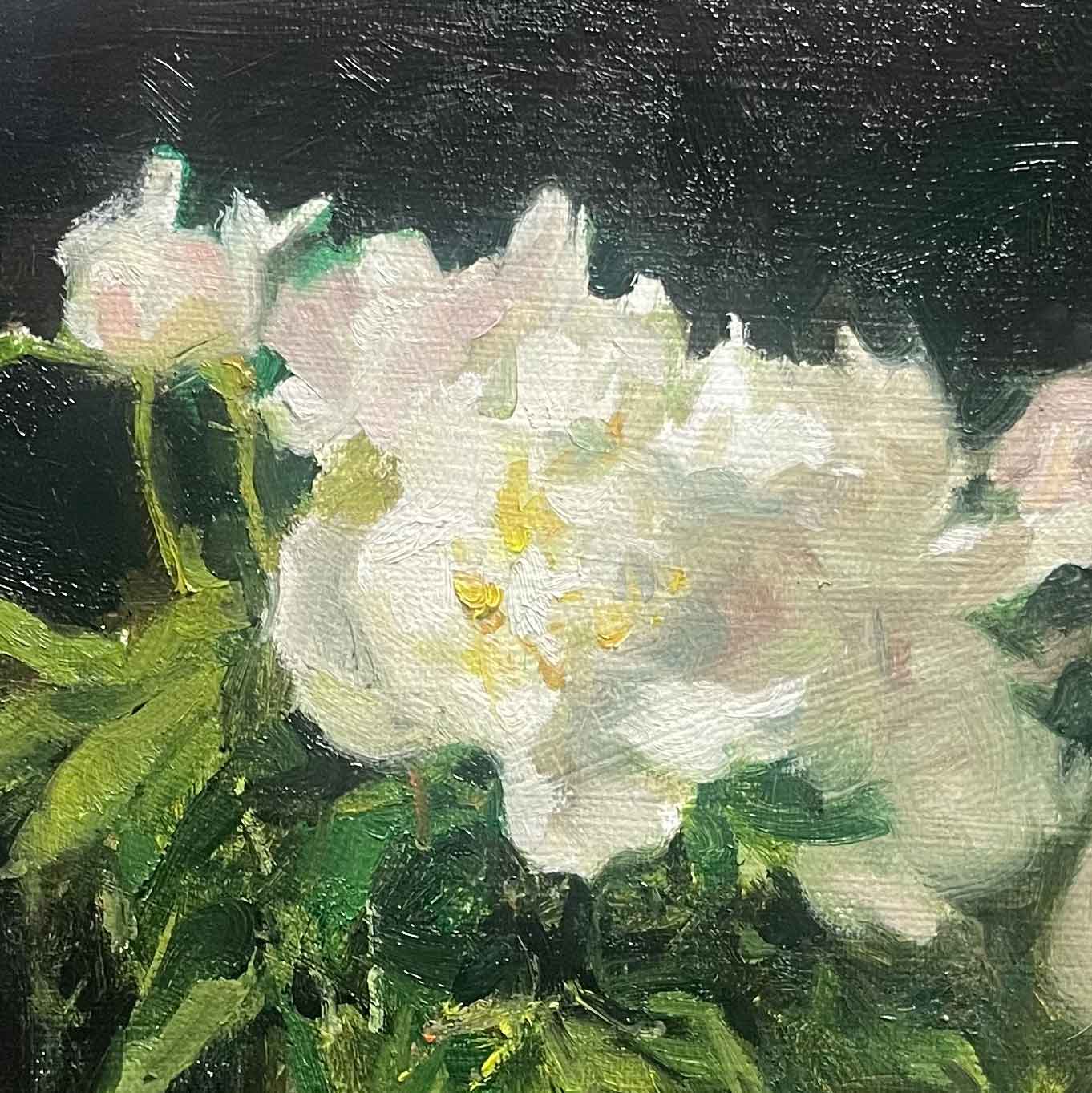 Original Still Life Oil Painting with White Peonies and Glass Vase