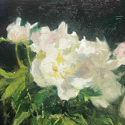 Original Still Life Oil Painting with White Peonies and Glass Vase