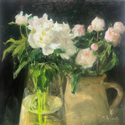 Original Still Life Oil Painting with White Peonies and Glass Vase