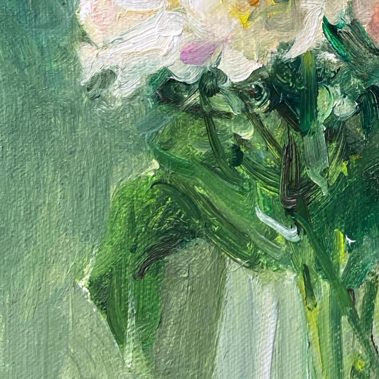 Original Floral Oil Painting with White Peonies and Glass Vase