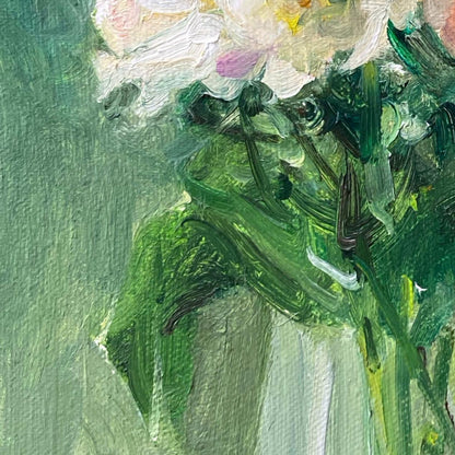 Original Floral Oil Painting with White Peonies and Glass Vase