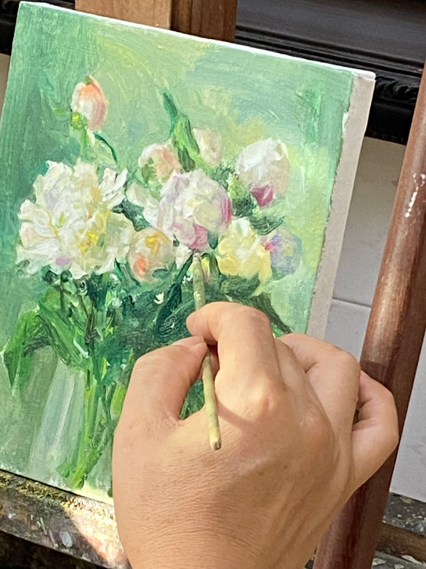 Original Floral Oil Painting with White Peonies and Glass Vase