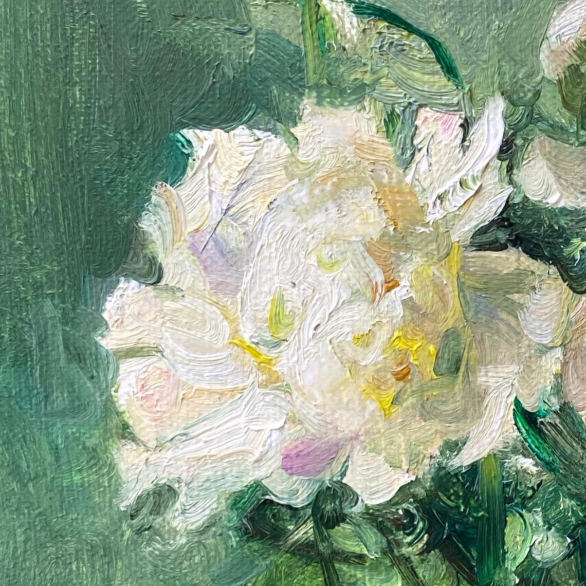 Original Floral Oil Painting with White Peonies and Glass Vase