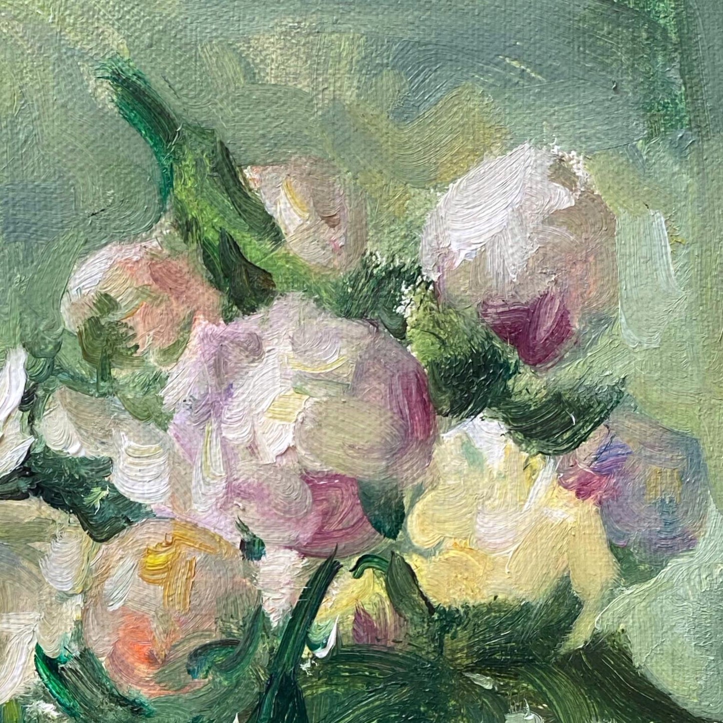 Original Floral Oil Painting with White Peonies and Glass Vase