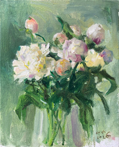 Original Floral Oil Painting with White Peonies and Glass Vase