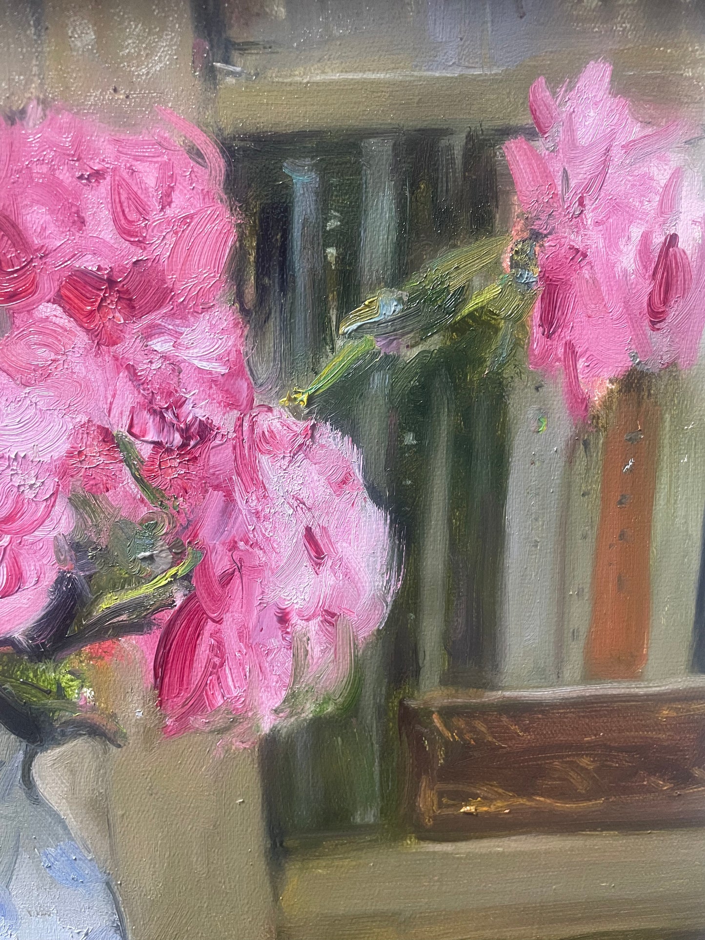 Original Oil Painting of Pink Peonies and Blue-and-White Vase