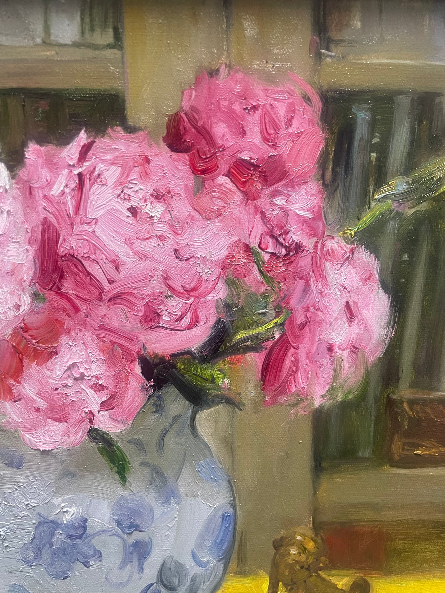 Original Oil Painting of Pink Peonies and Blue-and-White Vase