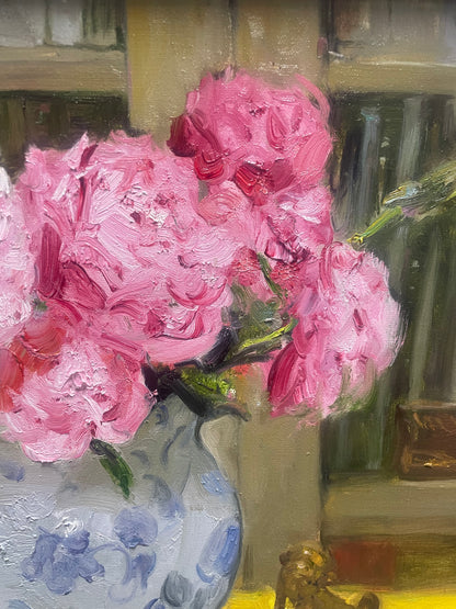 Original Oil Painting of Pink Peonies and Blue-and-White Vase