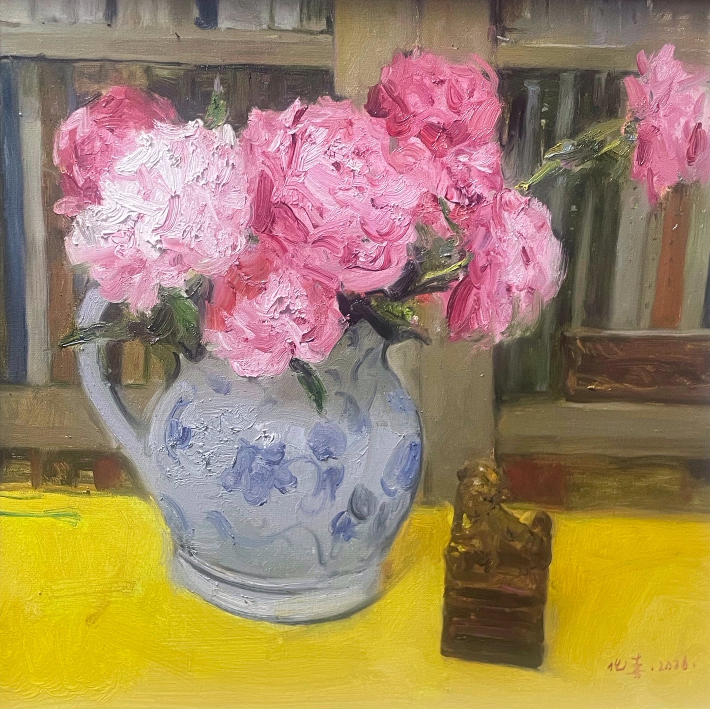 Original Oil Painting of Pink Peonies and Blue-and-White Vase