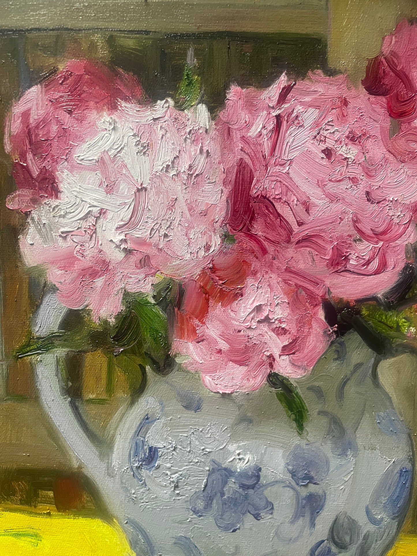 Original Oil Painting of Pink Peonies and Blue-and-White Vase
